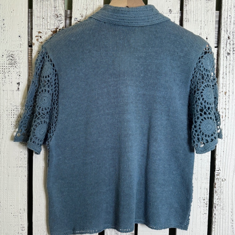 VTG Requirements Petite Blue Crochet Short Sleeve Cardigan Sz L Sweater Boho NWT - Picture 4 of 11